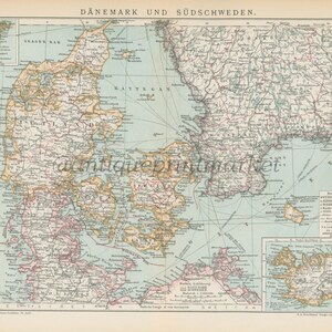 Antike 1892 Karte von Schweden Dänemark Deutscher Chromolithograph Print pädagogische Illustration Buch Platte Brockhaus Konversations-Lexikon BRX01