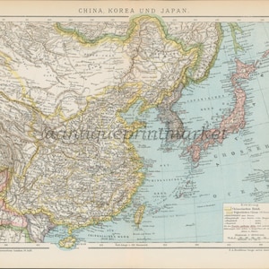 Antike 1892 Karte von China Korea Japan Deutsch Chromolithograph Print Illustration Buch Platte Brockhaus Konversations-Lexikon BRX01