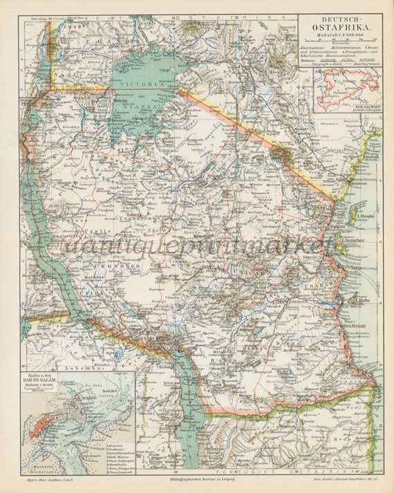 アンティーク 1892 ドイツ東アフリカ植民地アフリカ地図 ドイツ印刷