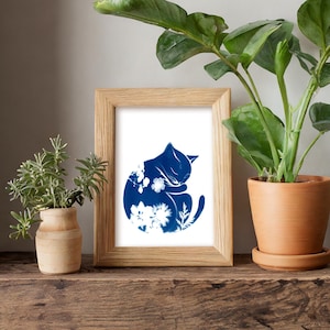 Téléchargement Instantané : cyanotype d'Art, chat avec Fleurs, cartes de Vœux, décoration d'Intérieur, art mural imprimable