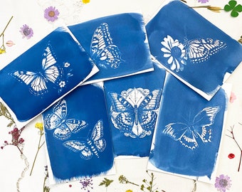 Fjärilscyanotypi-schabloner, DIY-soltryck, botaniska tryck