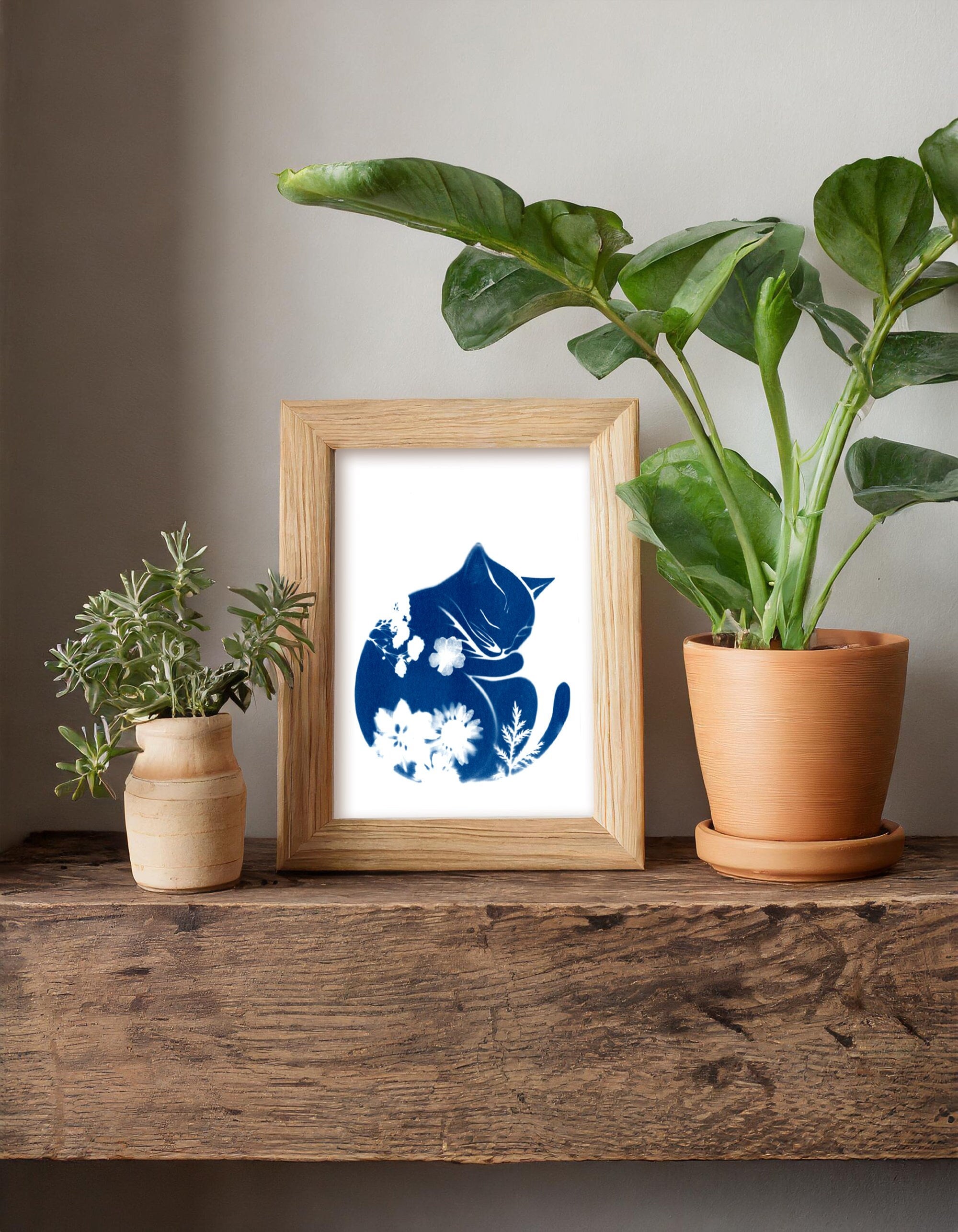 Téléchargement Instantané : cyanotype d'Art, chat avec Fleurs, cartes de Vœux, décoration d'Intérieur, art mural imprimable