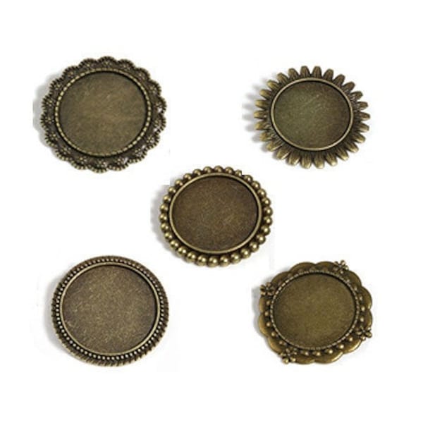 Broches cabochons 25 mm 5 modèles bronze aux choix