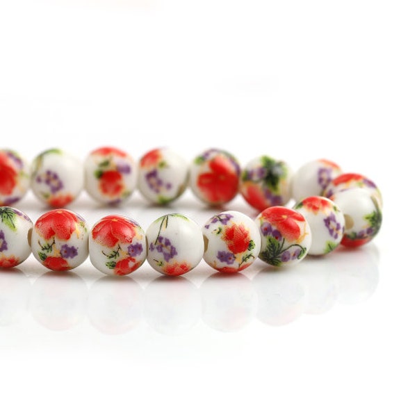 10 perles en céramiques 8mm imprimés branchage fleuries rouges