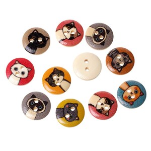 Assortment of 10 cat printed wooden buttons 15 mm 2 holes image 2