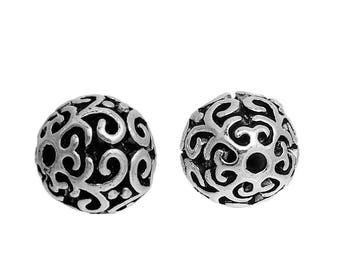 2 Beautiful 10mm round openwork and chiseled silver beads