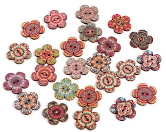 Assortiment 10 boutons fleurs en bois imprimés 25 x 24 mm 2 trous