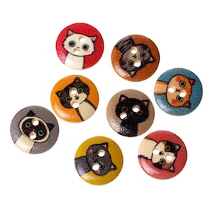 Assortment of 10 cat printed wooden buttons 15 mm 2 holes image 1