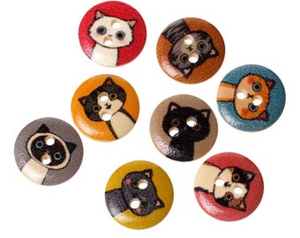 Assortment of 10 cat printed wooden buttons 15 mm 2 holes