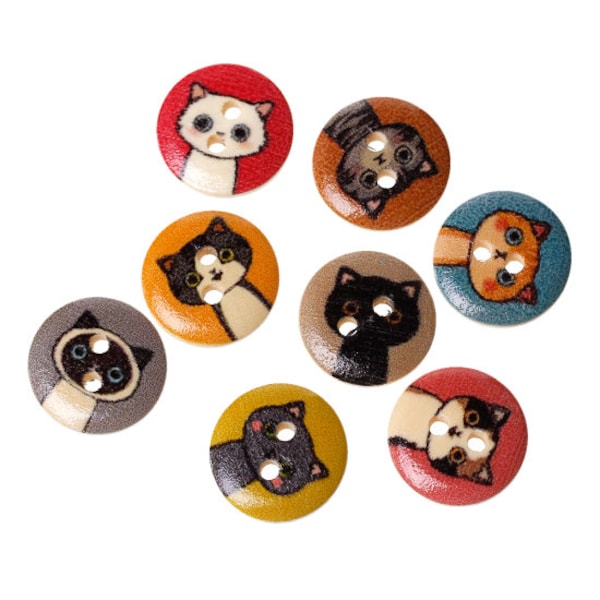 Assortiment 10 boutons en bois imprimés chats 15 mm 2 trous