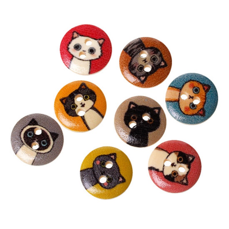 Assortment of 10 cat printed wooden buttons 15 mm 2 holes image 1