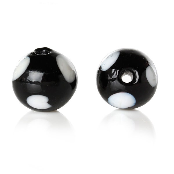 5 Lampwork-Glasperlen, 10 mm, rund, schwarz mit weißen Punkten