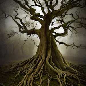 May include: A large, gnarled tree with thick roots spreading out across the forest floor. The tree is bare of leaves and the forest is shrouded in mist.