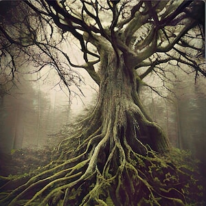 May include: A large tree with thick, gnarled roots covered in moss. The tree is in a foggy forest setting.