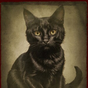May include: A black cat with yellow eyes sits in a vintage-style portrait. The cat is looking directly at the viewer with a serious expression.