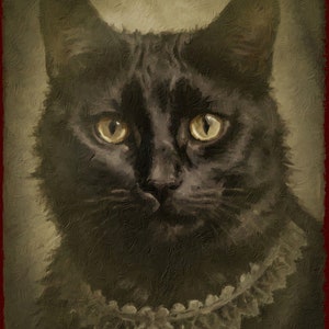 May include: A black cat with a white lace collar, painted in a vintage style.