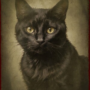 May include: A black cat with yellow eyes stares directly at the camera. The cat's fur is soft and fluffy, and its whiskers are long and prominent. The background is a muted brown color, giving the image a vintage feel.