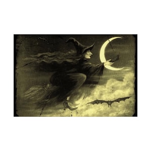 May include: A vintage illustration of a witch flying on a broomstick with a crescent moon in the background. The witch is wearing a black pointed hat and a long black robe. She is holding a broom in her right hand and a crescent moon in her left hand. A bat is flying in the background.