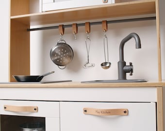 Personalized leather handles for IKEA DUKTIG, custom leather pulls for duktig, play kitchen hooks, engraved handles
