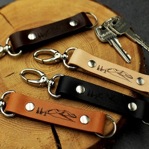 Leather key fob with a carabiner Mountains, trigger snap keychain, travel gift