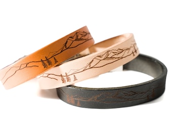 Personalized Leather Bracelet, Unisex Bracelet, Mens Engraved Leather Bracelet - Mountains