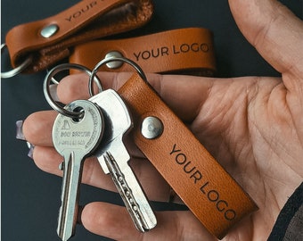 Engraved leather keychains, YOUR LOGO for your business in bulk, custom key fobs, business favors, class gift, event, promotion, set
