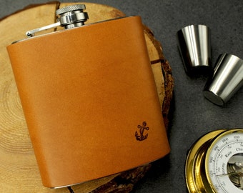 Leather Hip Flask with Anchor Theme, Sailing Lover Gift, Adventure time, Hip flask with Shot Glasses set
