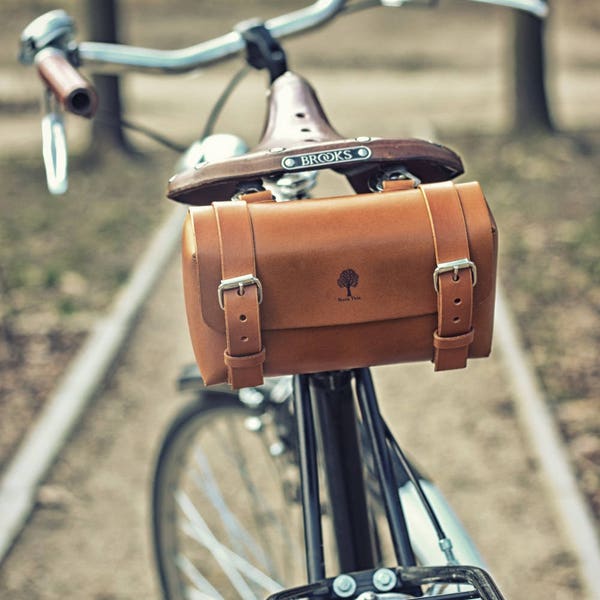 Fahrrad-Werkzeugtasche aus Leder, Satteltasche, Leder-Fahrradtasche, Nieten, Schnallen