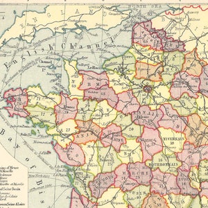 Mappa antica di Francia 1918 Mappe vintage Europa Litografia Stampe arredamento per la casa viaggio francese