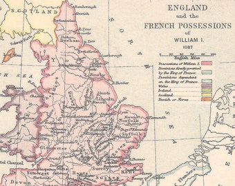 England and The French Possessions of William I 1087 Antique Maps 1910s Gift historical old gift battlefield maps