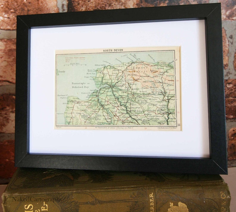 North Devon Antique road map Barnstaple Bideford maps Framed 1920s Gift home decor World