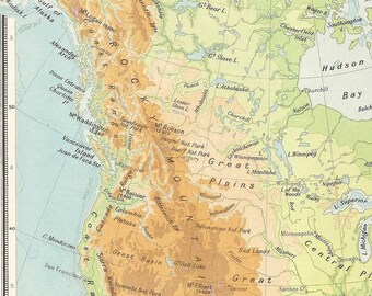 北アメリカの地形図 1948年 古い地図 ホームデコレーション