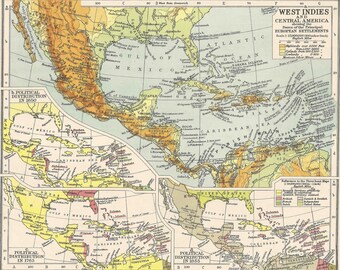 map of Early Settlement in the West Indies and Cental America 1700s - 1800s old maps home decor Vintage Prints old maps