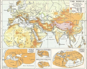 The World, known to the Ancients  Map gift adventure Vintage Prints Old maps gift Turkey Greek europe
