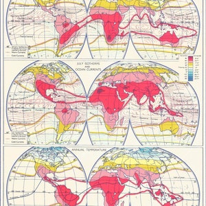 Weltklimakarte Temperatur OzeanStrömungen 1950er Jahre Wetter Weltkarte für Wohnkultur Vintage Prints alte Landkarten Isobars