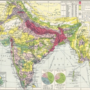 Indian Economic Development 1928, Burma and Ceylon Human Map travel adventure maps for home decor Vintage Prints old maps Tibet Burma Asia