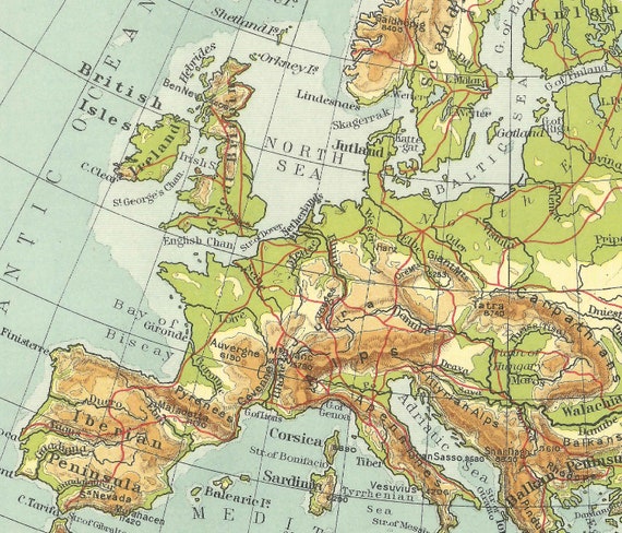 ヨーロッパ地形図 アンティーク 1910年代の旅行アドベンチャーマップ
