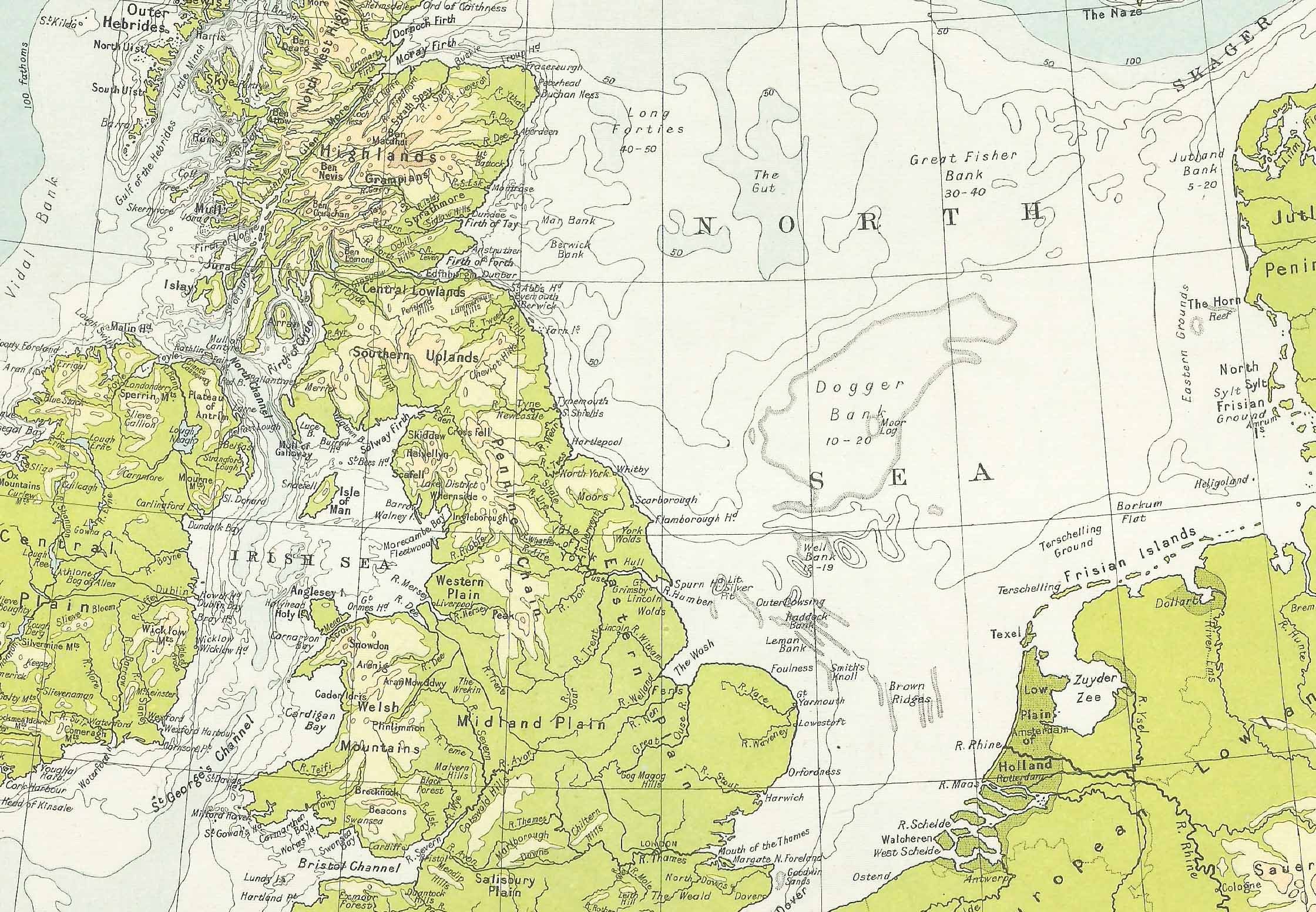 British Isles 1920s British Isles UK Contour Map Antique Gift Home