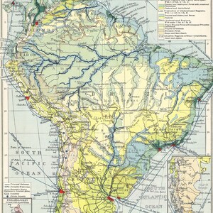 Südamerika 1928, Ökonomische Human Map Reise Abenteuer Karten für Wohnkultur Vintage Prints alte Karten Amzon