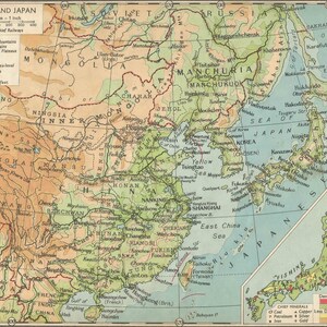 Japan und China antike Karte der 1940er Jahre Karte des Fernen Ostens Korea Tokyo Shanghai Abenteuer Vintage Reisekarte