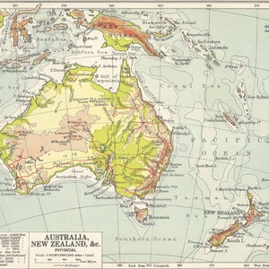 Australia Map New Zealand Tasmania 1930s Vintage map home decor art travel old maps gift ideas
