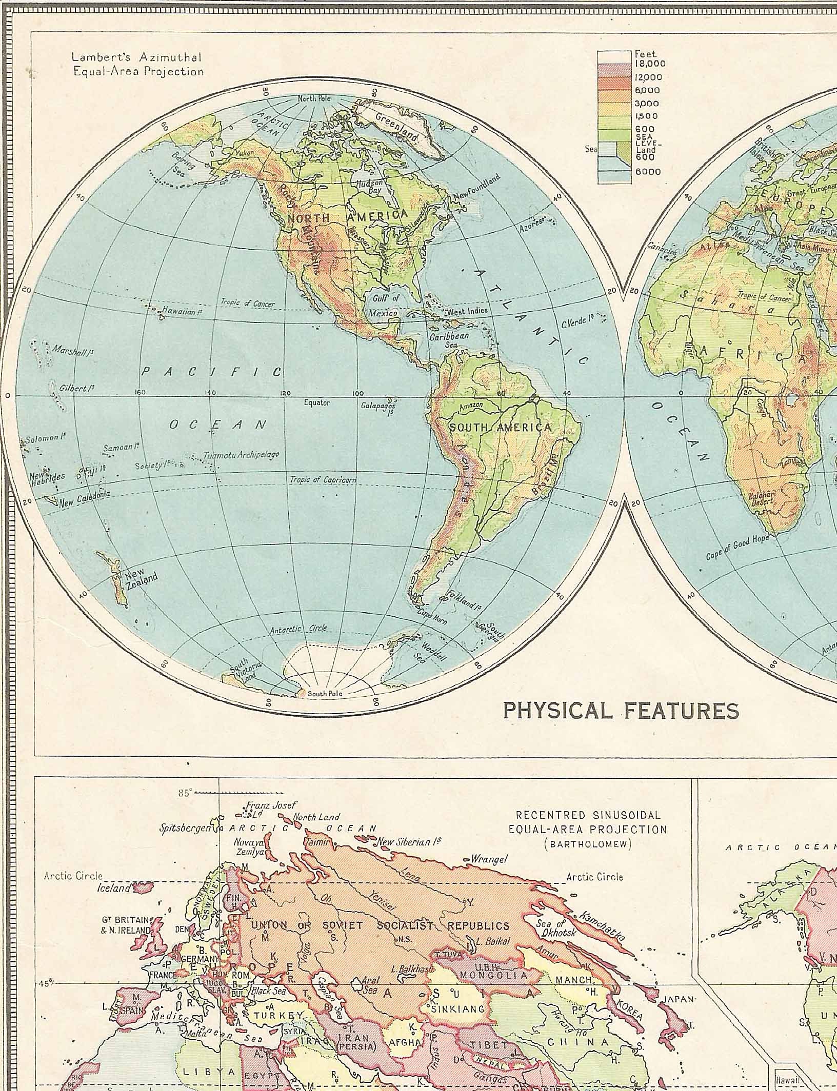 World Map Sinusoidal Projection 1940s Travel Adventure Maps for Home ...