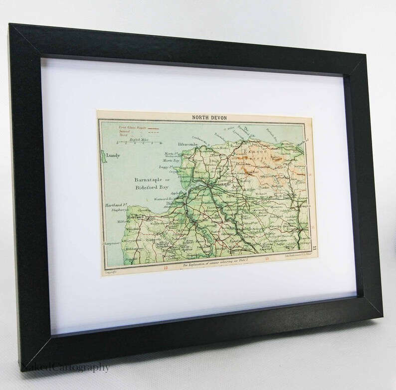 North Devon Antique road map Barnstaple Bideford maps Framed 1920s Gift home decor World