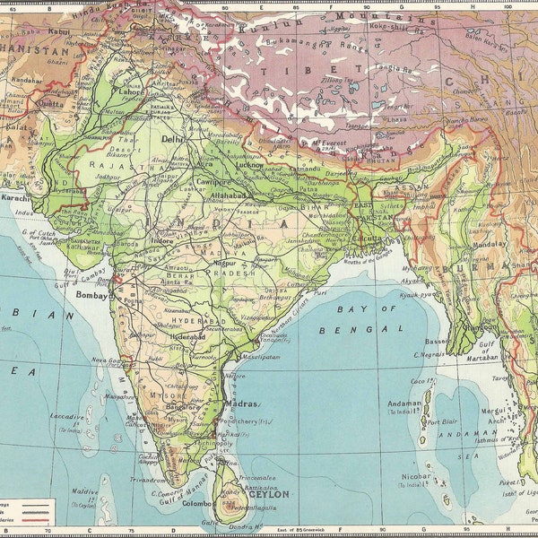 Regions Of India 1950s Vintage map of India, Pakistan, Burma Wall maps Historical Bay of Bengal Asian maps