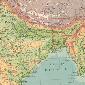 India Burma and Ceylon 1940s Map Travel Adventure Maps for Home Decor