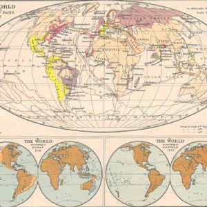 The World Map at the treaty of Paris 1763 European Empires home decor Vintage Prints published 1910s Map Explorers adventure