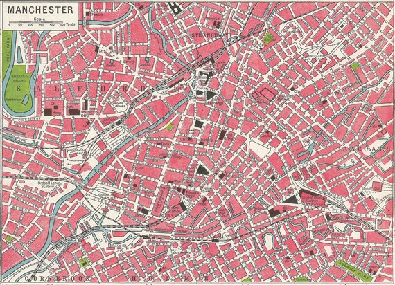 Manchester Antique City Map 1900s England home decor Vintage Manchester Antique City Map 1900s England home decor Vintage