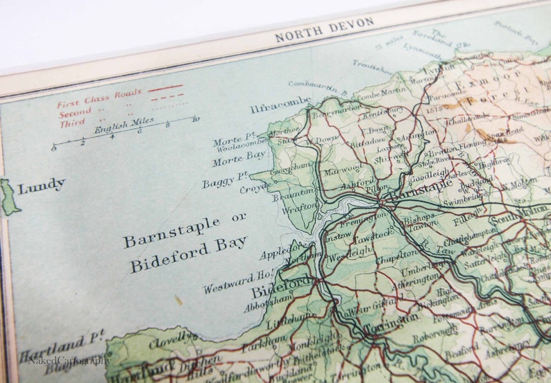 North Devon Antique road map Barnstaple Bideford maps Framed 1920s Gift home decor World