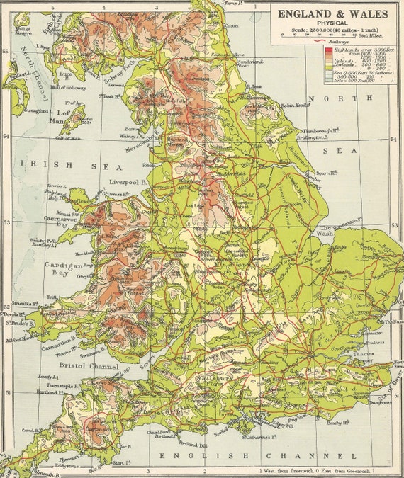 Engeland Wales jaren 1930 Britse eilanden UK Contour Kaart | Etsy België