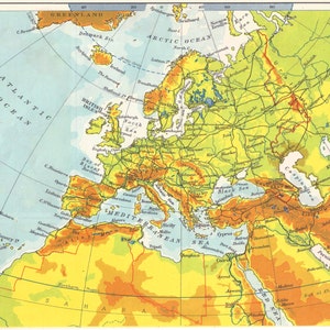 Europe, Physical Maps 1950s travel adventure maps for home decor Vintage Prints old maps
